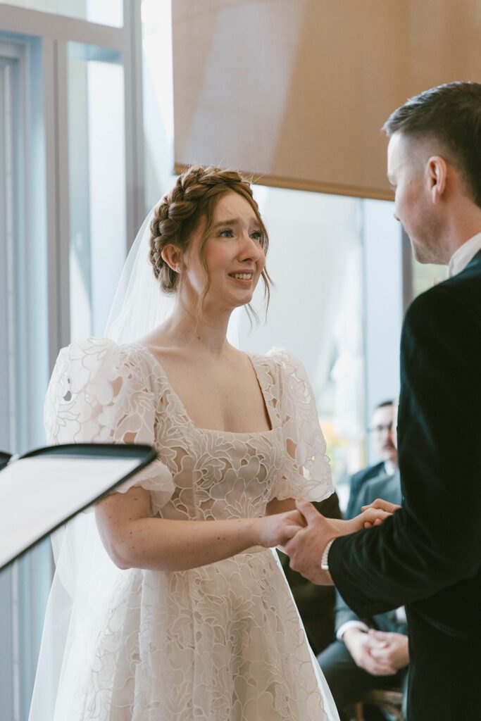 bride emotional at her wedding ceremony