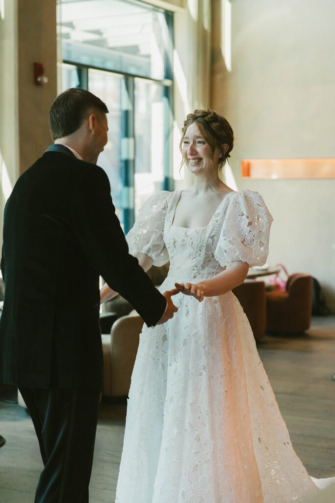 bride and groom at their first look