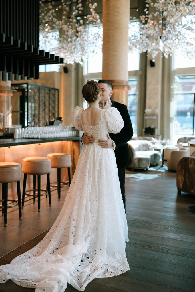 cute picture of the bride and groom kissing