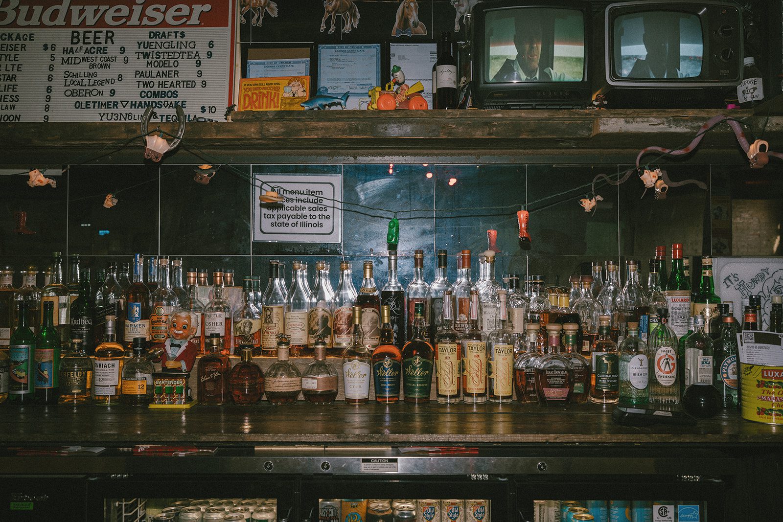 Liquor bottles on the bar at Broken Hearts in Chicago