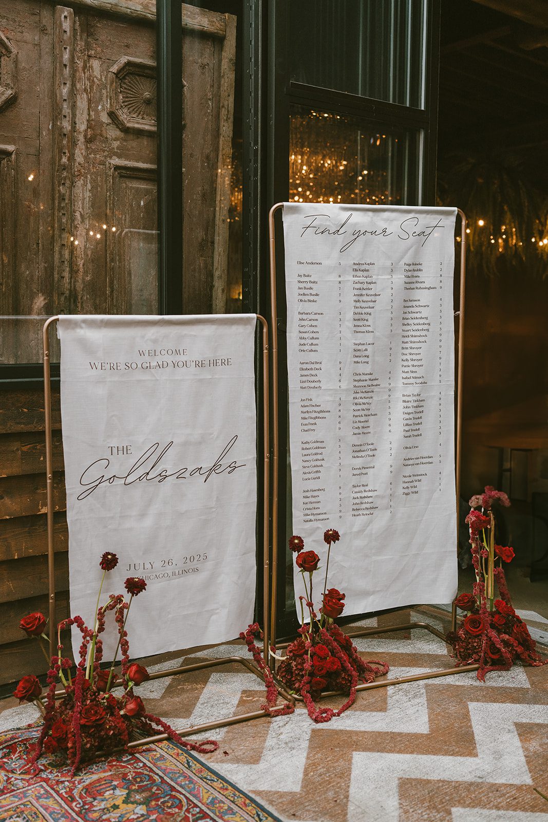 A seating chart at a wedding reception