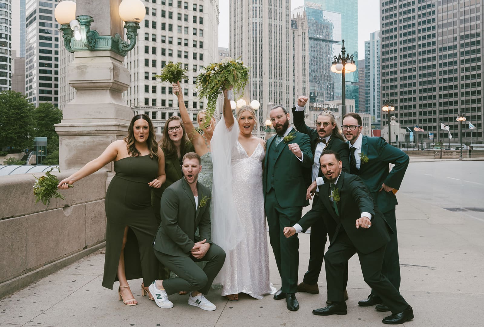 Wedding party photos at La Salle bridge in Chicago