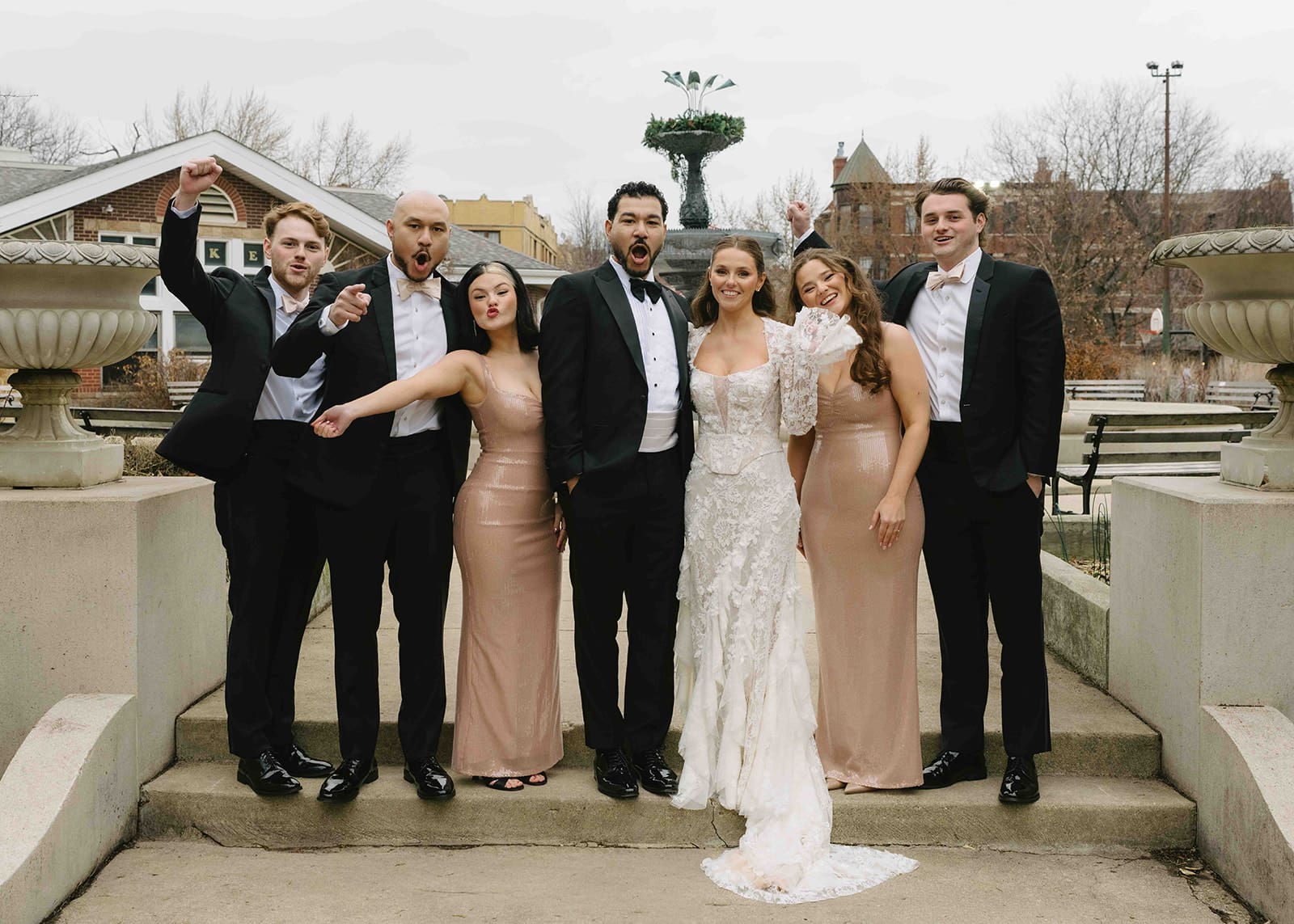 Wedding party photos during a day of wedding timeline