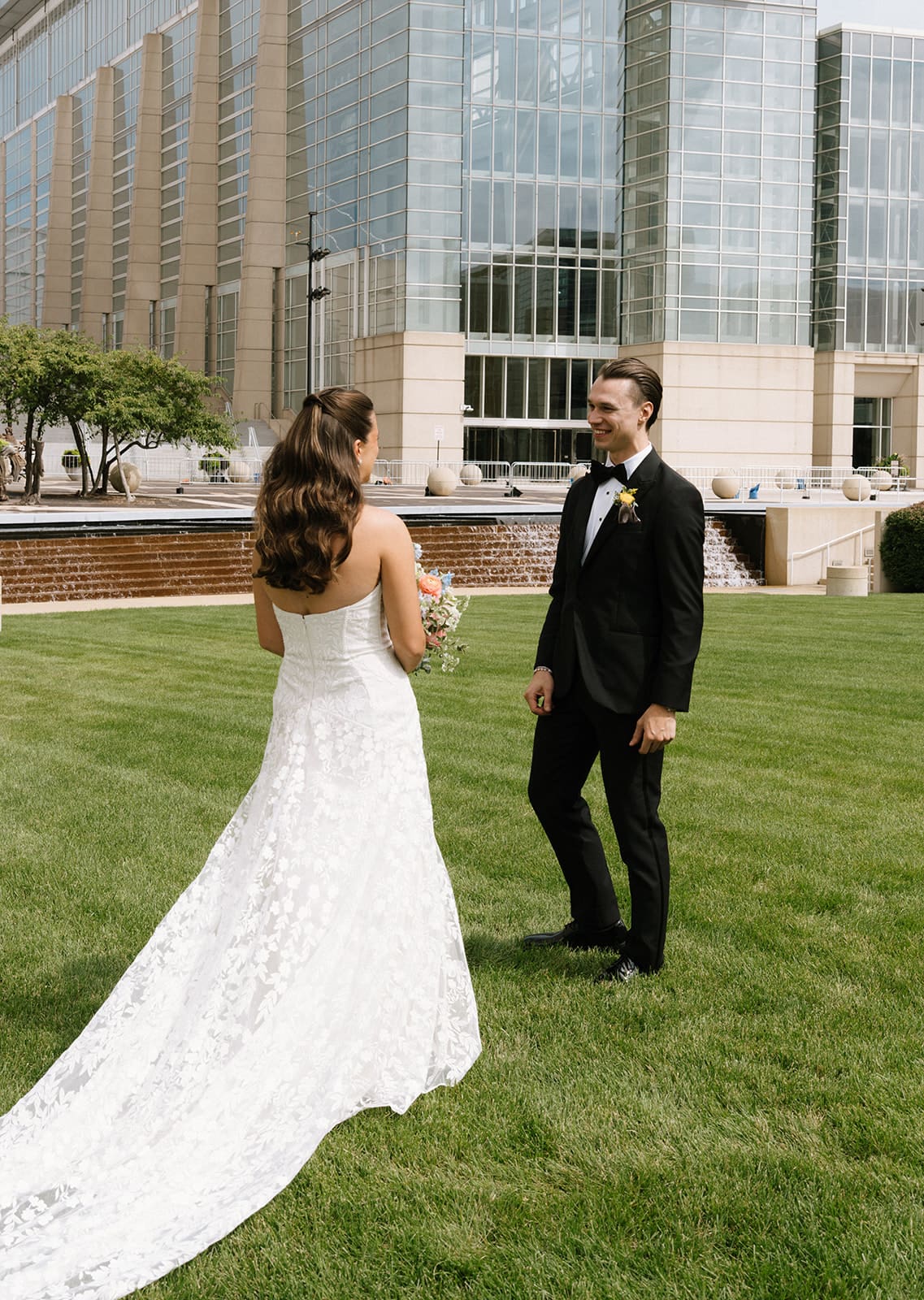 A bride and groom during their wedding first look