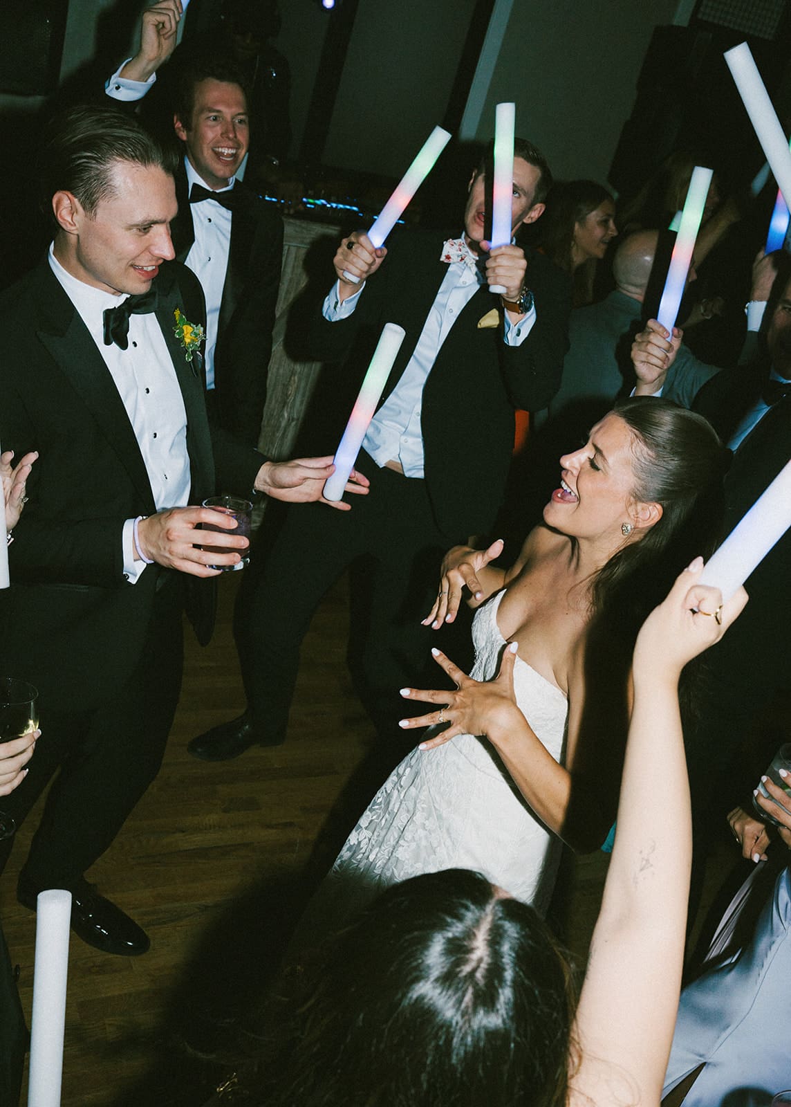 A bride and groom dancing during their wedding reception