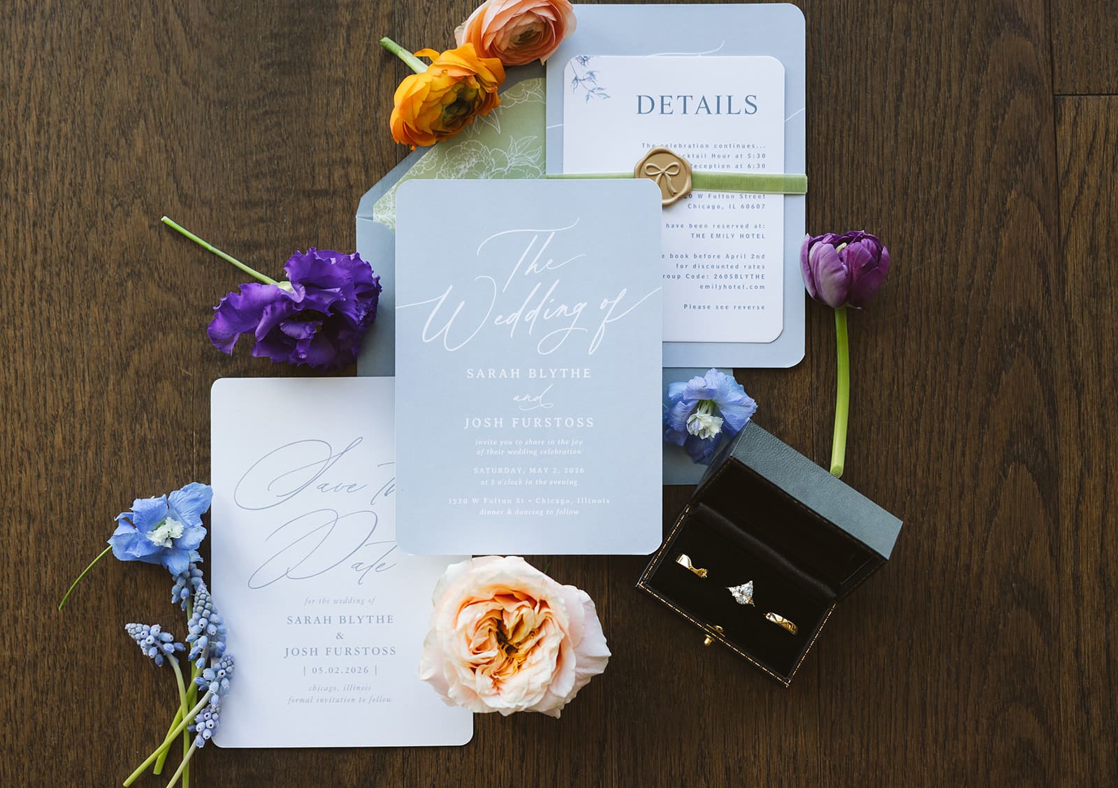 A flat lay from a wedding with unique wedding details