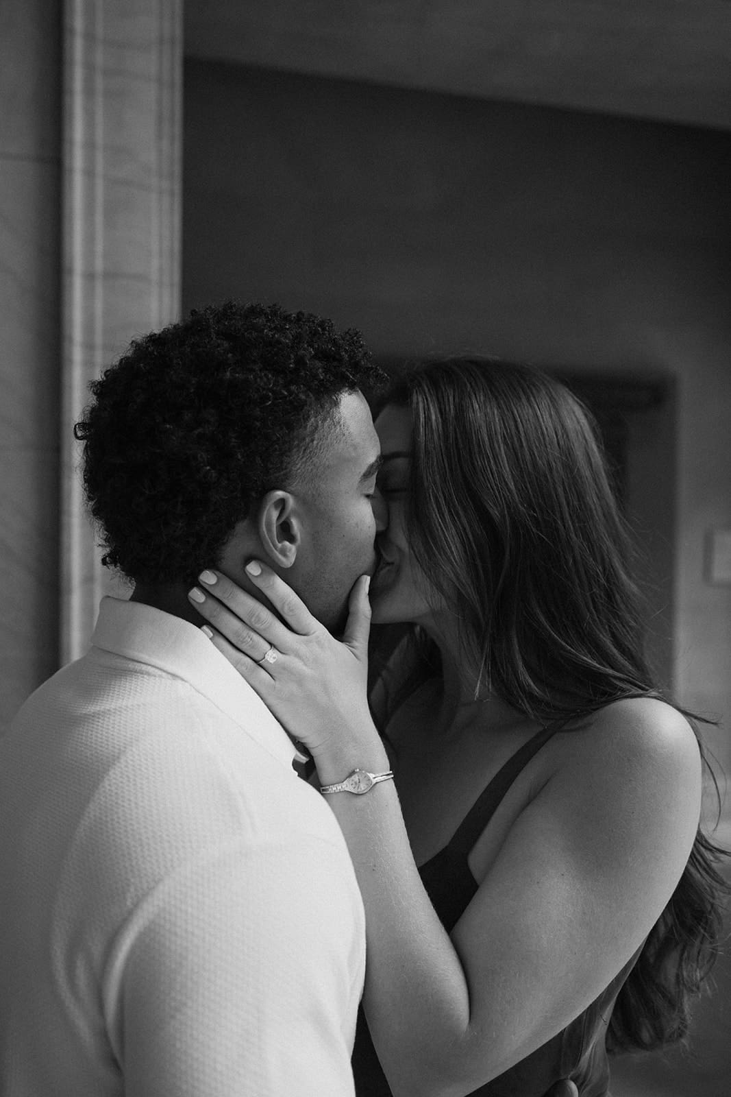 A couple posing for engagement pictures after a surprise proposal as a proposal idea