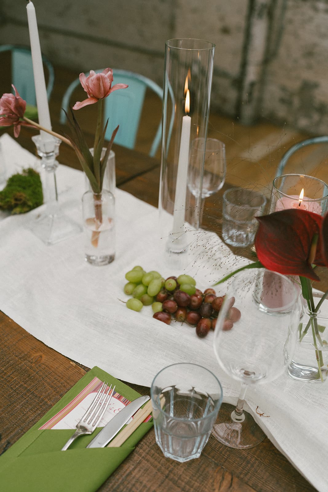 A wedding table setup with a bold color palette