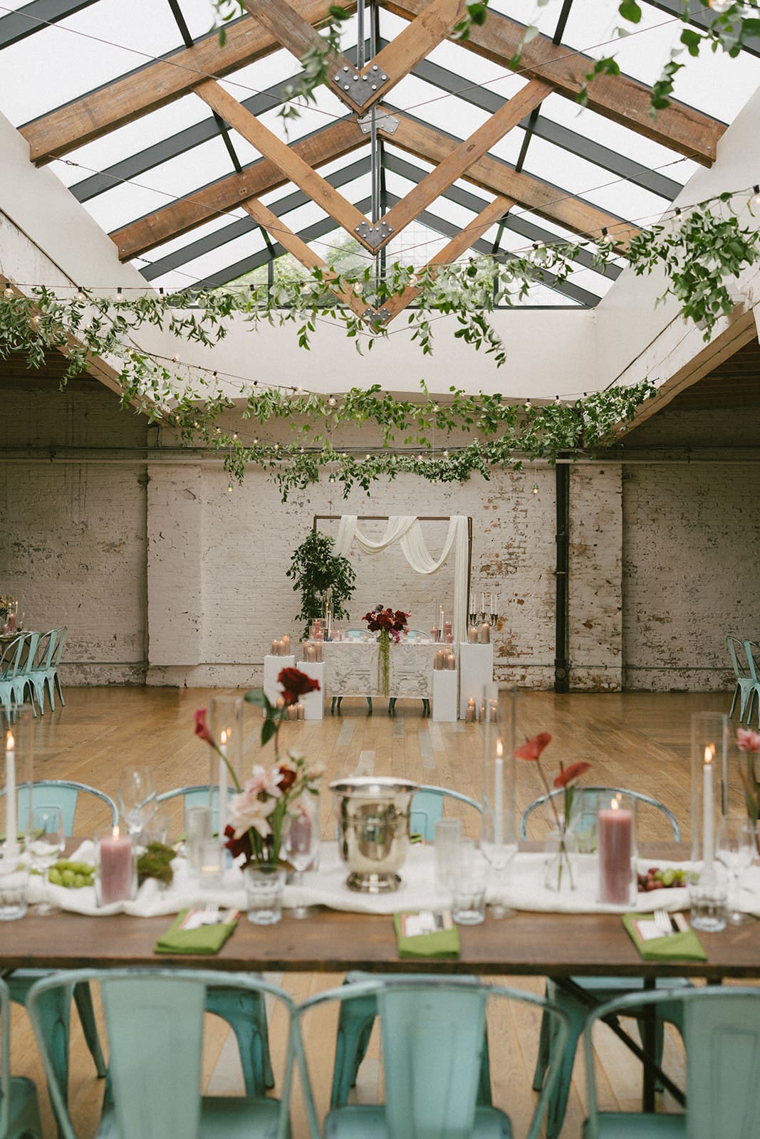 A wedding table setup with a bold color palette