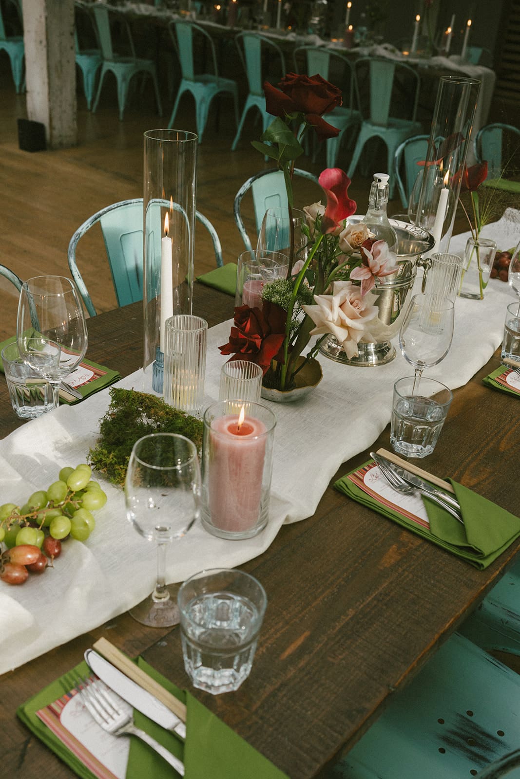A wedding table setup with a bold color palette