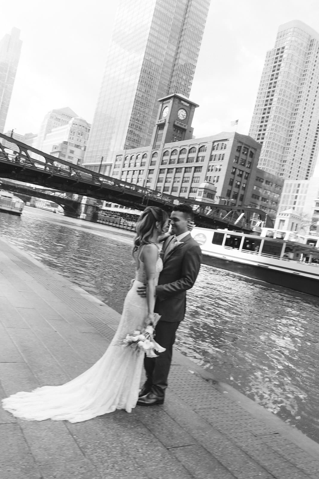 A bride and groom taking wedding photos in Chicago