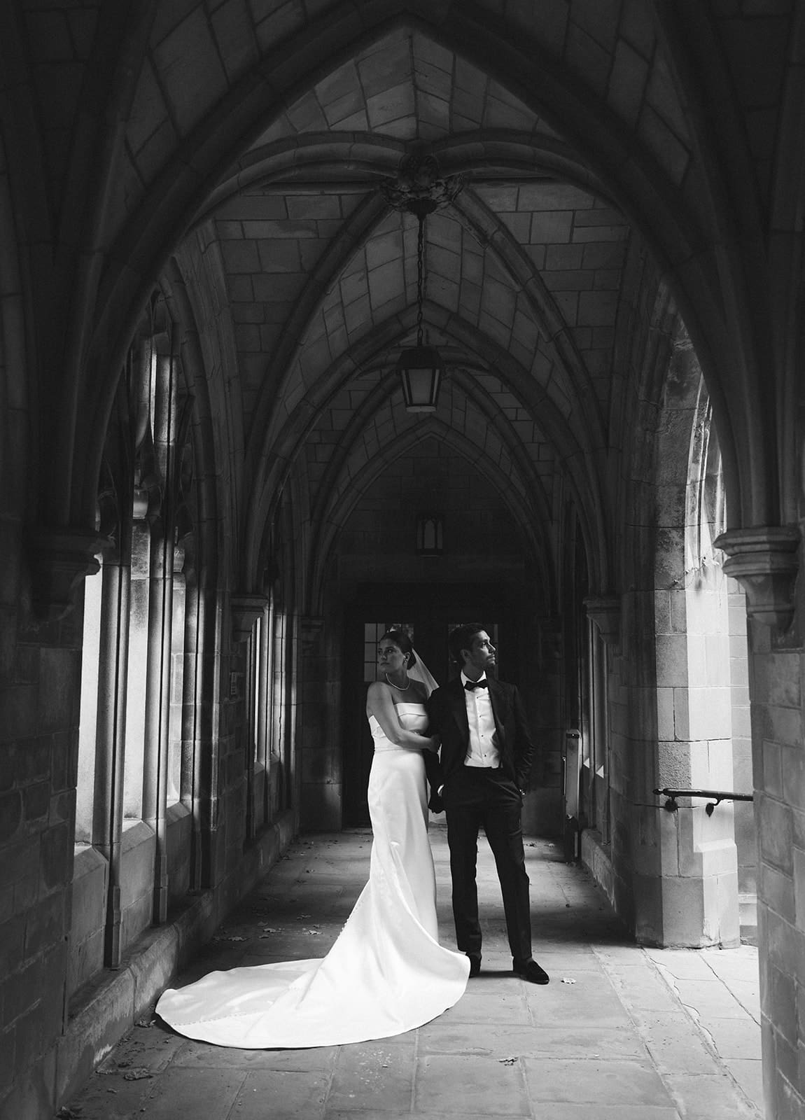 A bride and groom posing for Chicago wedding portraits
